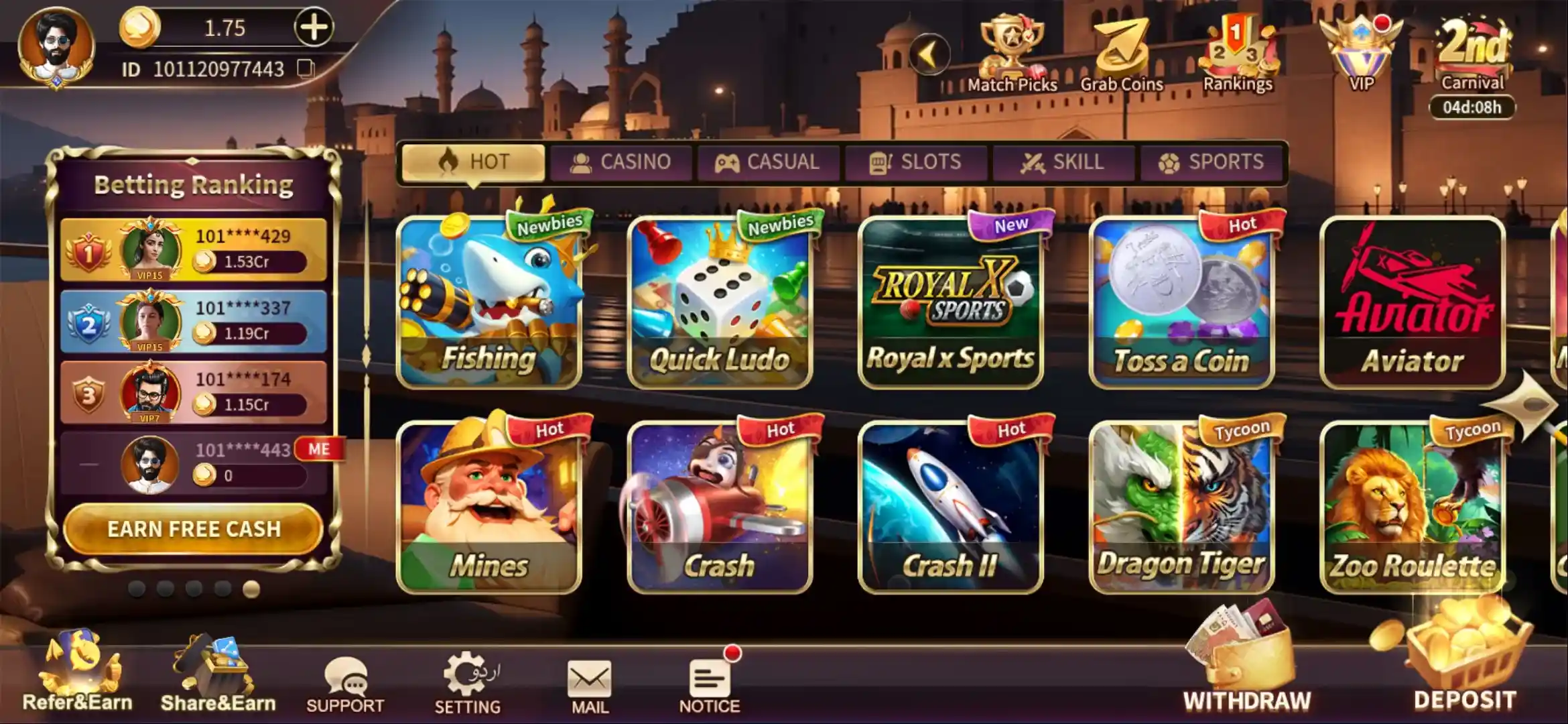 Wide variety of online casino games including slots, cards, and sports on Royal X Casino